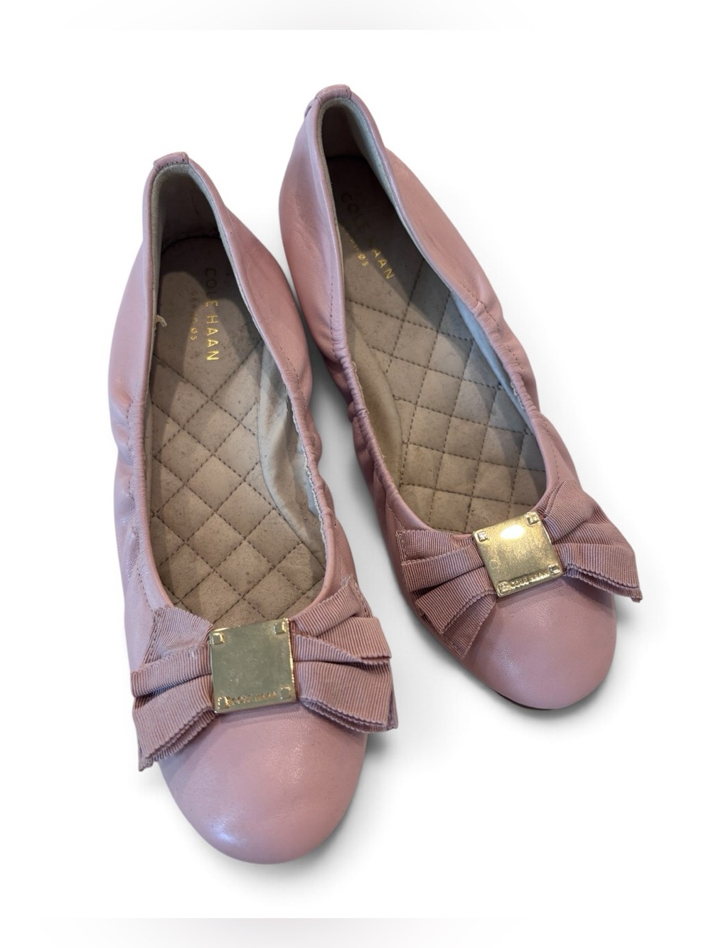 Cole Haan Pink Leather Bow Ballet Flats with Gold Accent